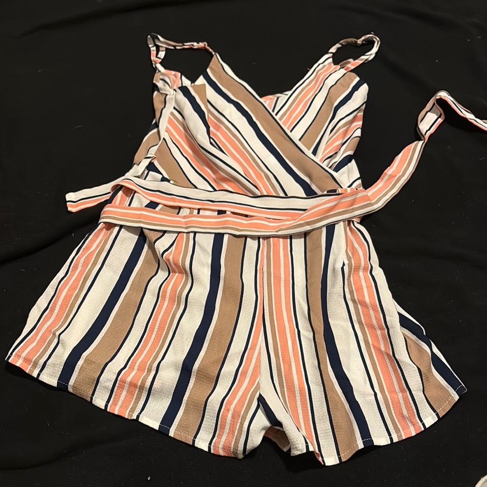 SHEIN Orange and White Striped Romper with Wrap Waist